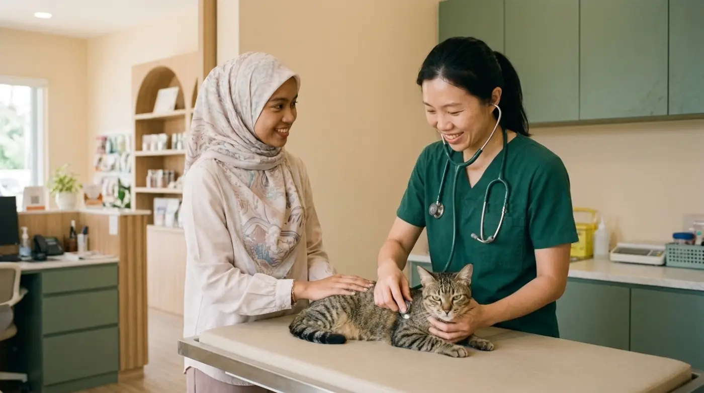 Dr. Sarah Tan listening to a calm tabby cat's chest while its owner, a young woman in a tudung, strokes it