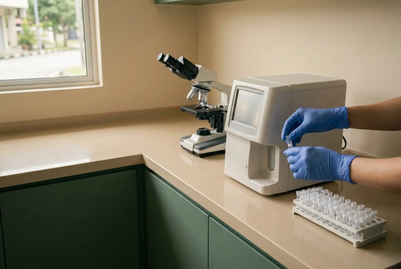 A gloved hand placing a blood sample tube beside the in-house analyser and microscope