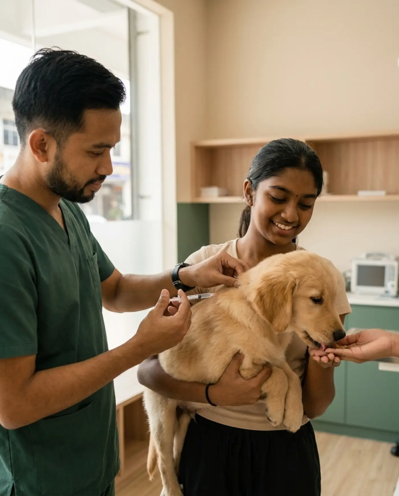 Dr. Amirul Hafiz vaccinating a golden retriever puppy held by a smiling teenage girl