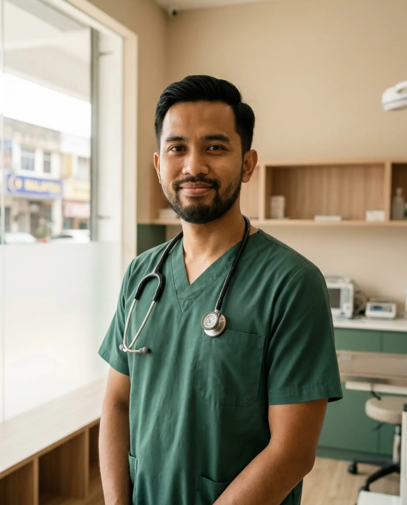 Dr. Amirul Hafiz in pine-green scrubs with a stethoscope, in a consult room