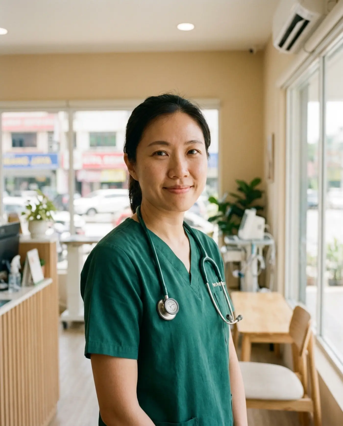 Dr. Sarah Tan in pine-green scrubs with a stethoscope, standing in the clinic's front room