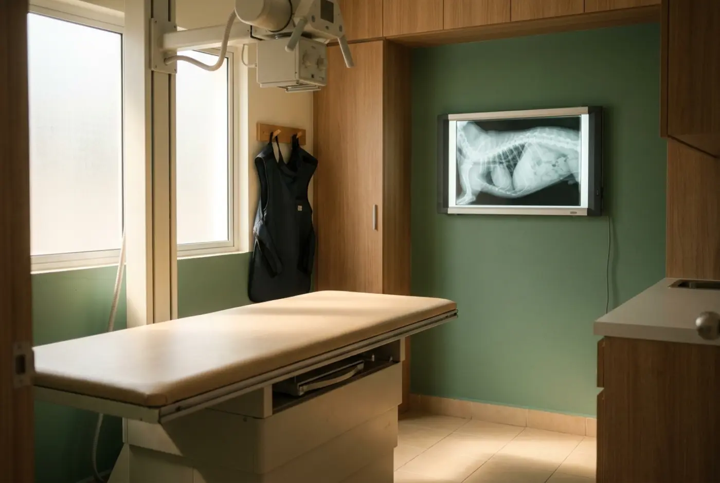 The digital X-ray room with a padded table and a dog's chest X-ray on the wall viewer